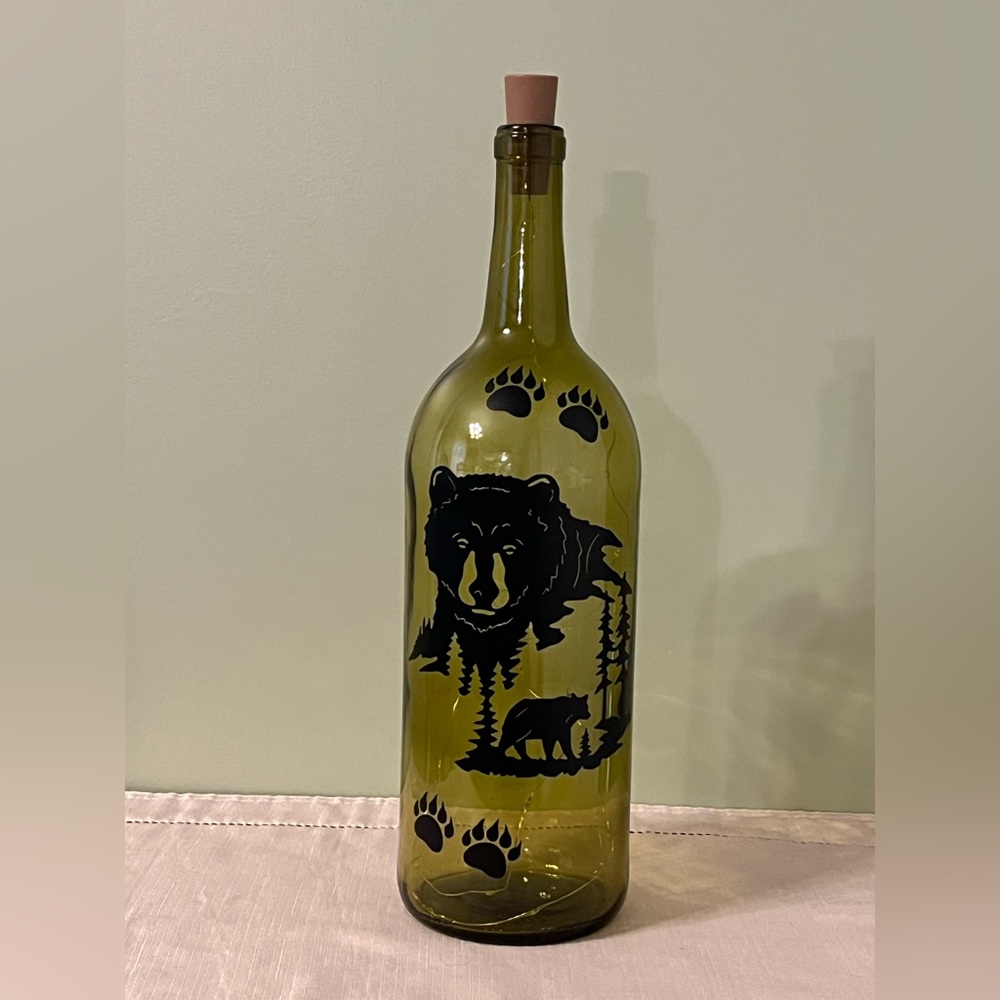Decorated Wine Bottles, Bear Scene, Home Decor, Gifts, Wine Bottles